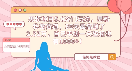 男粉项目5.0冷门玩法，男粉私密赛道，30天最高赚了2.32万，自己手搓一天轻松也有1000+-时尚博客